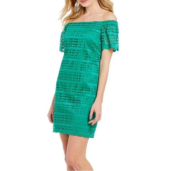 Trina Trina Turk Emerald Lace Off The Shoulder Mini Shift Dress Size S - Picture 1 of 12